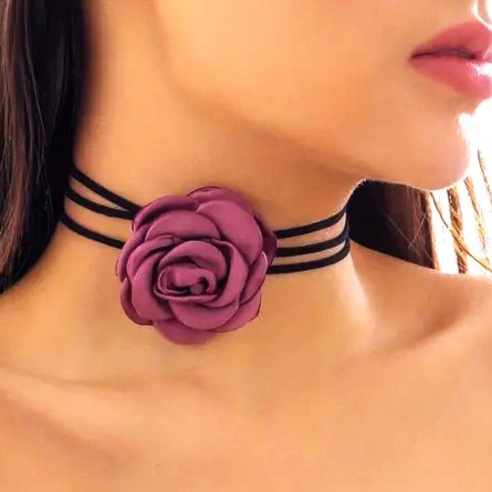 Choker Necklace Rose Flower Sexy Collar Sexy Edgy Glam Scene Rave Black Stylish